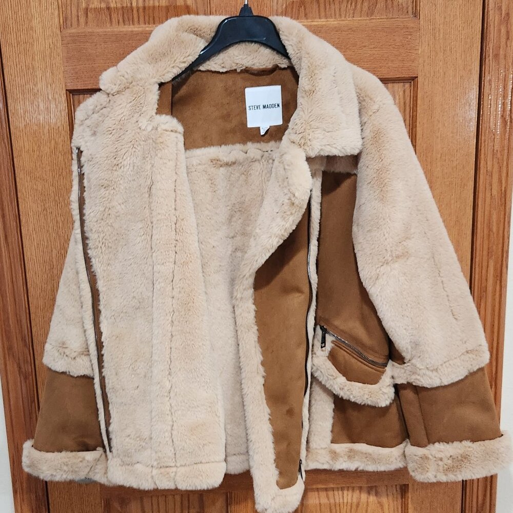 STEVE MADDEN Women's XL Cognac Faux Suede Shearling Heavyweight Peacoat Coat NEW - Picture 4 of 7